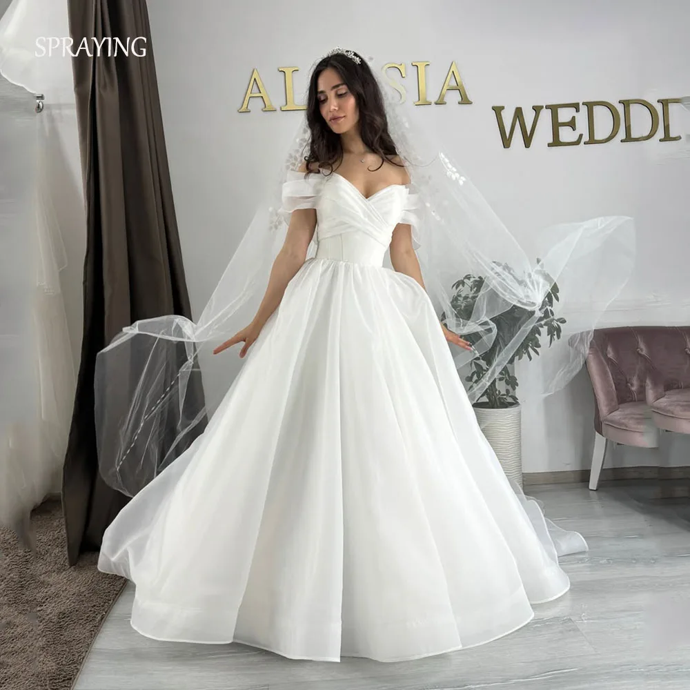 

SPRAYING Simple Ivory Organza Wedding Dress V Neck Off Shoulder Bridal Gowns A line Floor Length Robe De Mariée Customized 2025