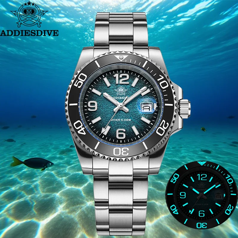 ADDIESDIVE Watches for Men AD2513 Fashion Blue 41mm AR Coated Quartz Watches Waterproof 20Bar Luminous Diving Watch Reloj Hombre