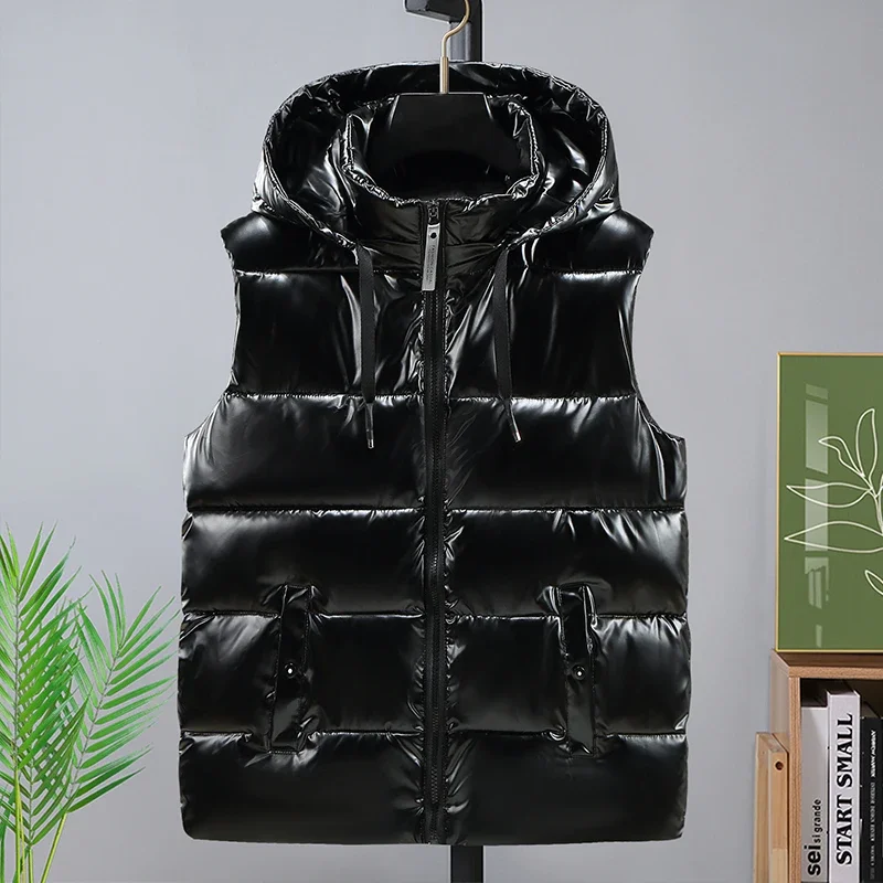 

Surface Shiny Black Grey Vest Waistcoat Men With Hooded Casual Warm Thick Mens Vest Jacket Zipper Outerwear Autumn Winter