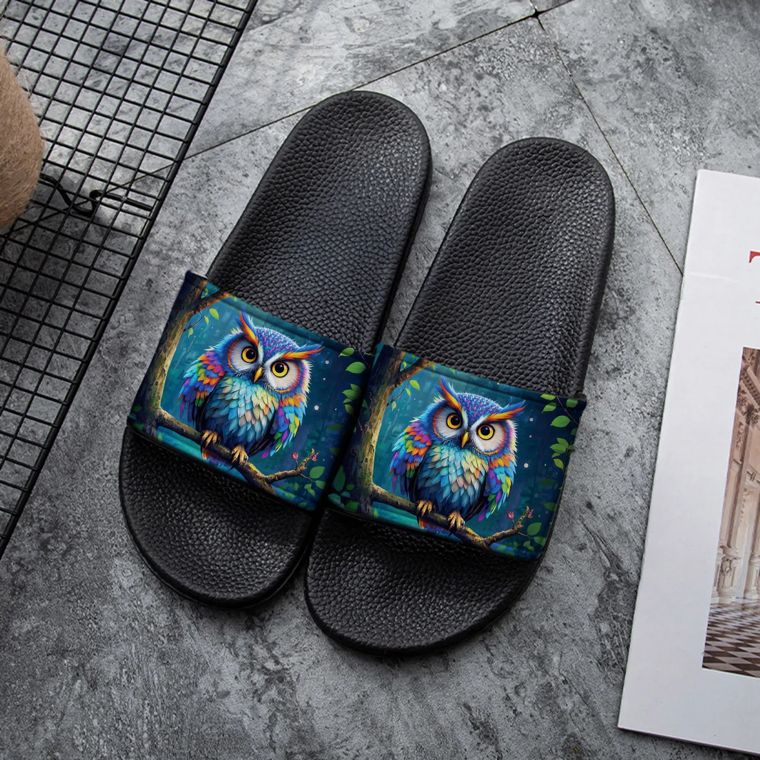 Women's Cute Owl Design PVC Slides - Colorful Animal Pattern, Comfortable Indoor/Outdoor Summer Slippers