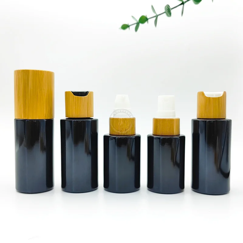 20ML 30ML 40ML 60ML Glossy Black Glass Bottles with Bamboo Disc Top Cap Screw Lid Pipette Dropper Bottle Jar Vials For Perfumes