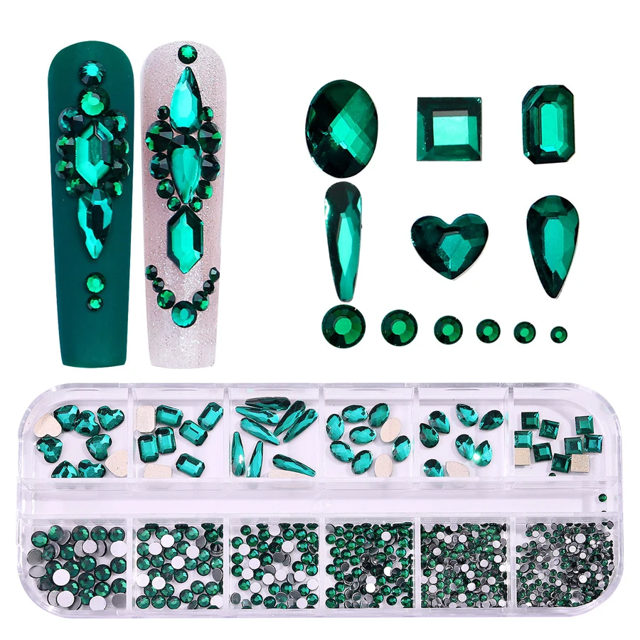12-Fächer-Box mit mehrfarbigen Flachrücken-Strasssteinen, Kristall-Edelsteinen, 3D-Glitzer-Nagelkunst-Dekorationen, luxuriöse Nagelkunst-Zubehörteile – Detail 10