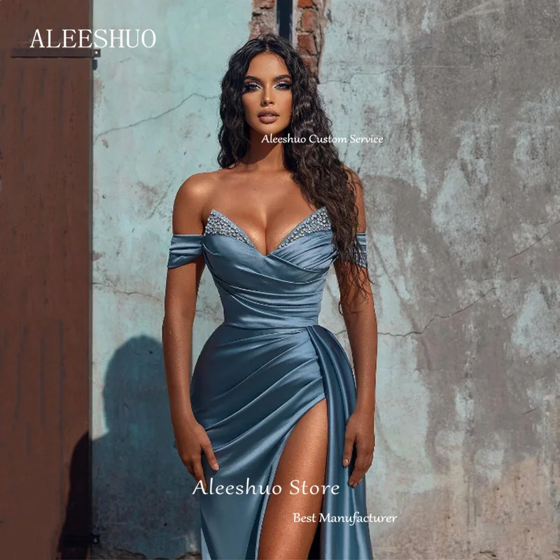 Aleeshuo-vestidos de noche con cuentas de sirena, vestido de graduación Formal con abertura lateral alta, Sexy, satén, largo hasta el suelo, vestido de fiesta de cóctel