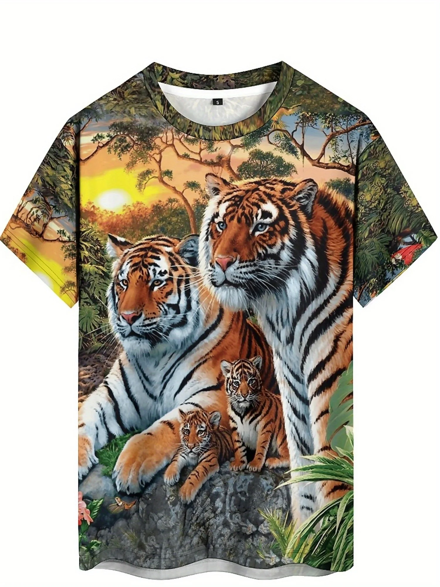 Camiseta masculina com estampa 3D Tiger Family – Design Vibrant Sunset, ajuste solto, manga curta, poliéster, camiseta casual de verão