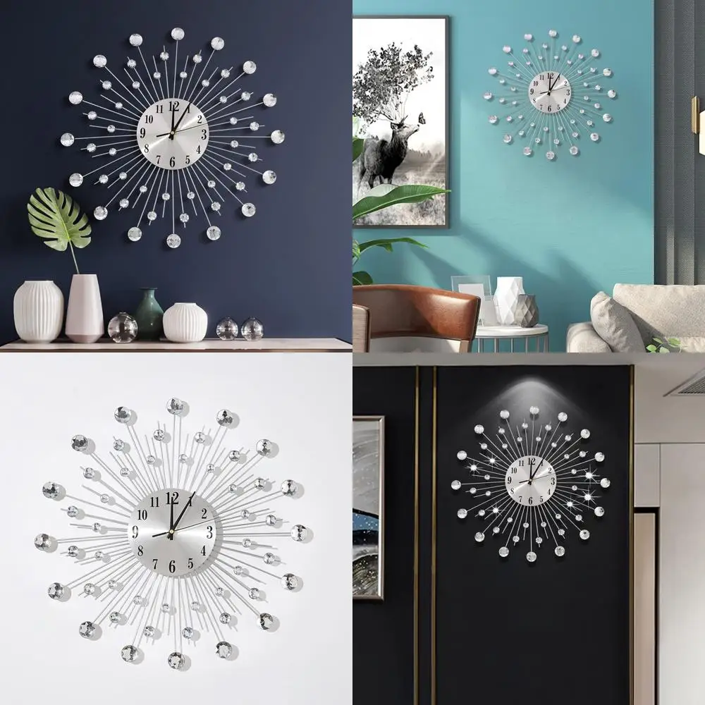 

Современные настенные часы Starburst с серебристыми кристаллами, 19,7 дюймов, бесшумные, для декора гостиной, спальни и кухни