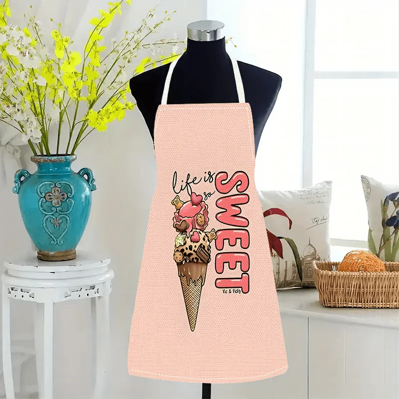 

Розовый фартук с рисунком мороженого – надпись «Life is Sweet» и изображение трех рожков мороженого, хлопковый кухонный фартук унисекс, многоразовый.