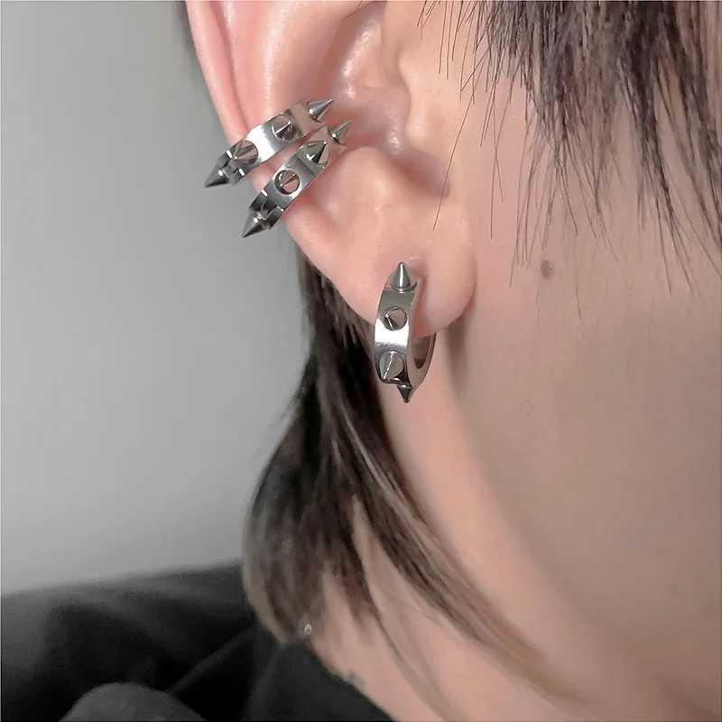 1 Pair/3 Pairs Men Women Punk Cool Stainless Steel Goth Rivet Awl Spike Huggie Piercing Hoop Earrings