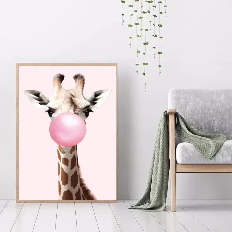 Cute Pink Panda Giraffe Bunny Cheetah Zebra Blowing Bubble Gum Poster Nursery Canvas Painting for Kids Room Animal Print Decor