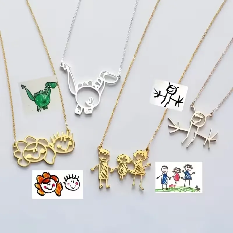 96 hours Custom Children Drawing Necklace Fashion Cute DIY Drawing Stainless Steel Necklaces For Women Men Souvenir jewelry Gift