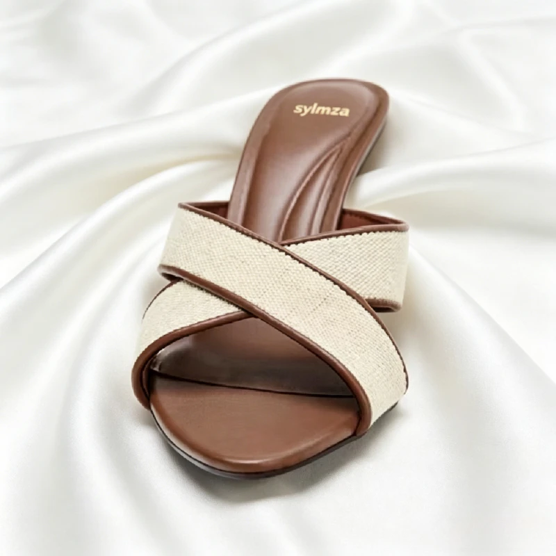 Fashion Wide Cross-Tied Mule Sandals Women Retro Contrasting Material Binding Slide Sandals Sexy Pointed-Toe Stiletto Dress Shoe view 3