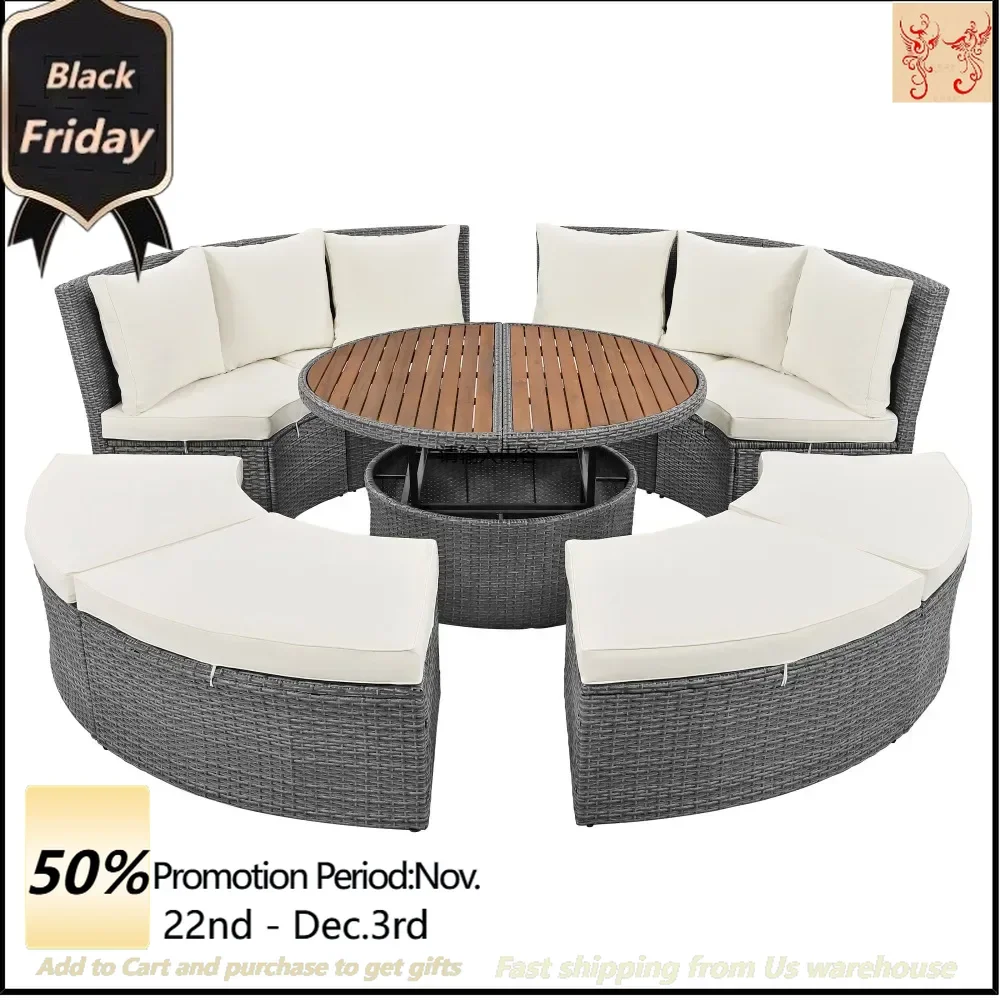 Terrace 5-piece round rattan sofa set wicker sunbed sofa bed with round lifting table and washable mat Garden Furniture Sets