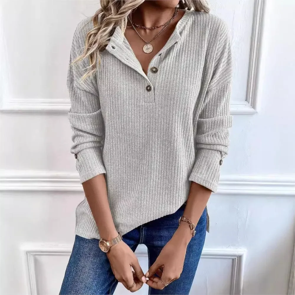 

New Women's Long Sleeved T-shirt Spring And Autumn Knitted Striped Women's Pullover Semi Open Tops Women's Clothing