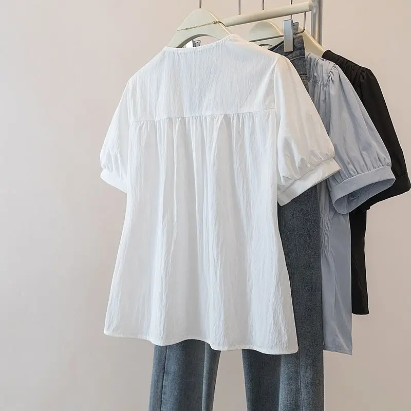 200 libras de talla grande cintura elástica Oficina señora tendencia camisa y blusa de manga corta Top sólido ropa de mujer con cuello en V francés Chic