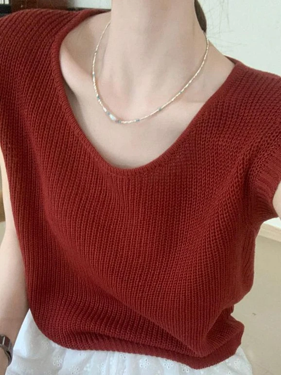 Cseta sin Mangas de Punto is Estilo Coreano para Mujer, Hoada, Corta, Informal, Estilo Casual para el Verano, Color Só...