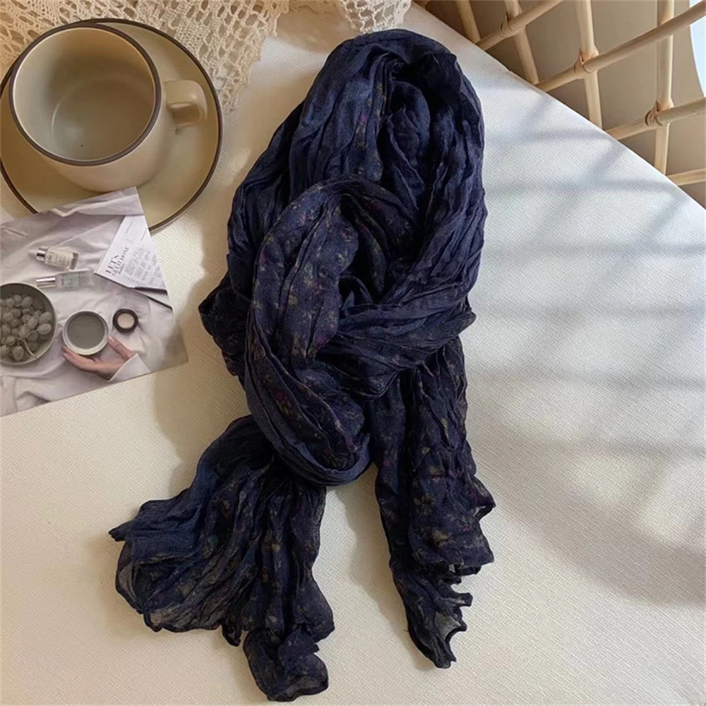 Vintage Cotton Linen Patchwork Scarf Women Pleated Scarf  Long Floral Square Scarf Shawl Fashion Winter Warm Casual Scarf Shawl