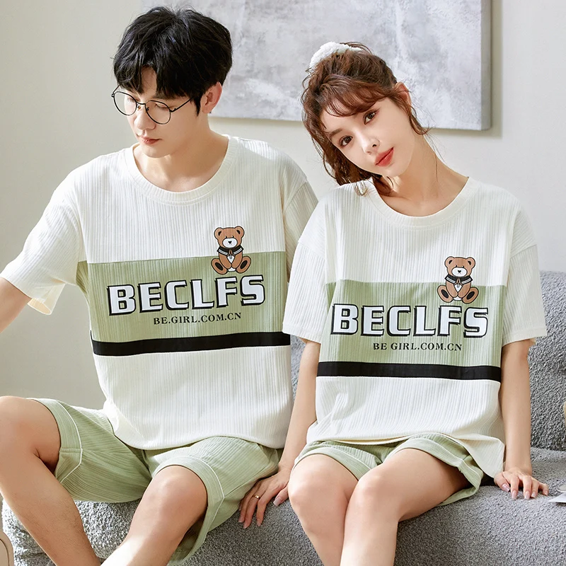 

Cartoon Bear Cute Couples Nightwear Cotton Summer Shorts Set Home Service Women Pajamas Men Pijamas Casual Loungewear Free Ship