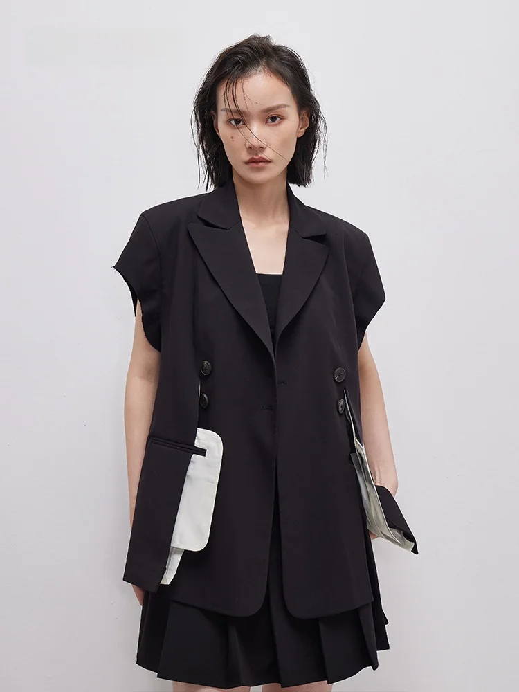 

Spring New XMOOM Deconstructed Design Split Hem Suit Jaet Vest Women's Busin Casual Sle Double Breasted Pure Color