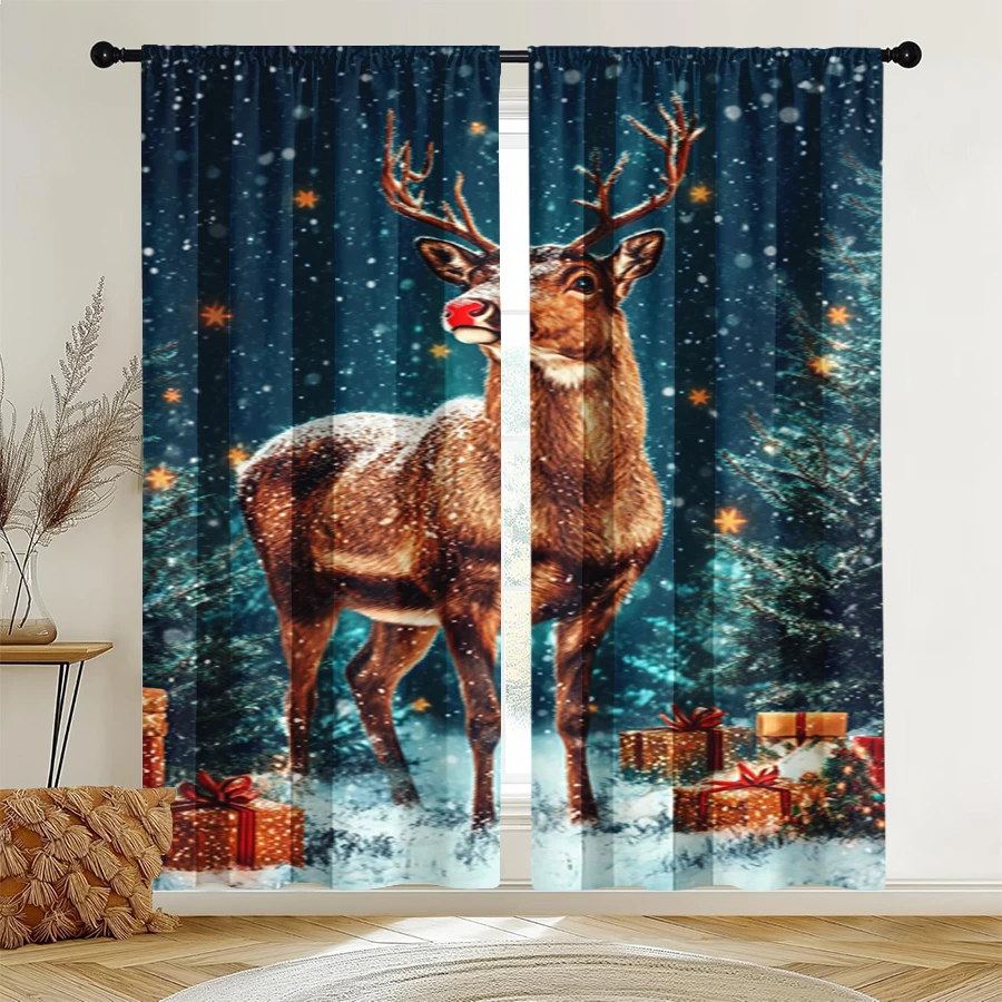 2PCS Christmas Winter Curtains, Red Nose Reindeer, Digital Print, Bedroom Living Room Kitchen, Rod Pocket Polyester, Home Decor