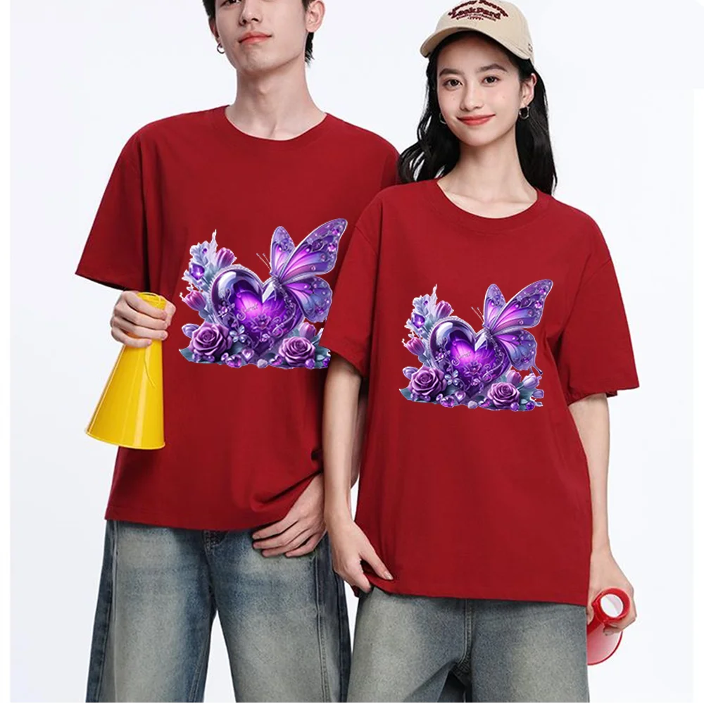 Purple Butterfly Heart Printed T Shirt Breathable Fabric S-XXL Personalized Custom Casual Short Sleeve Tee Aesthetic Graphic Top