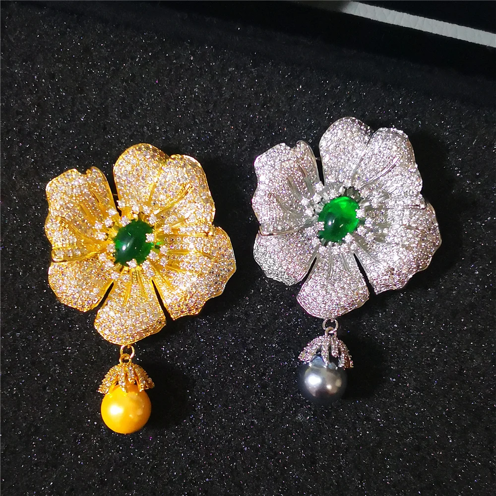 Gorgeous Exquisite Micro-zircon Vintage Brooch Sunflower Wings Tassel Fan-shape Drop Pearl Corsage Temperament Accessories Gift