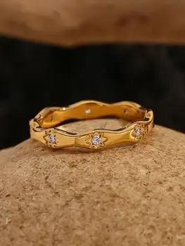 EBbelle 鑲鑽八角星波浪形戒指,不銹鋼材質,18k鍍金,精緻女士珠寶,適合派對和約會佩戴 10 最佳銷售 水鑽戒指 - №10