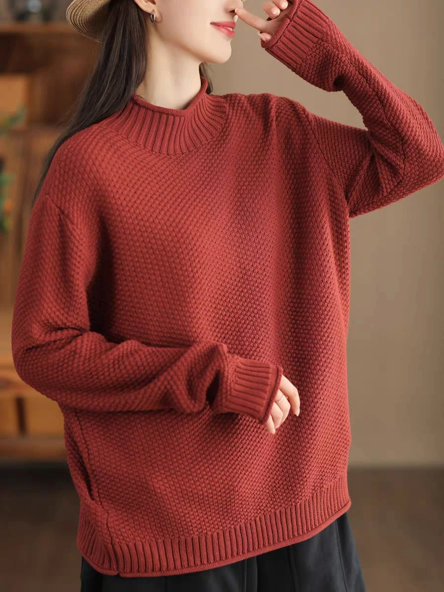 

Thicken Half High Collar Women Sweater Fall Winter Loose Literary Casual Versatile Tops Solid Color Simple Cozy Elegant Pullover