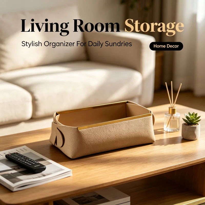 Nordic Leather Storage Basket Rectangular Gold Trim Detachable Desktop Organizer Living Room Clutter Sorting Bin