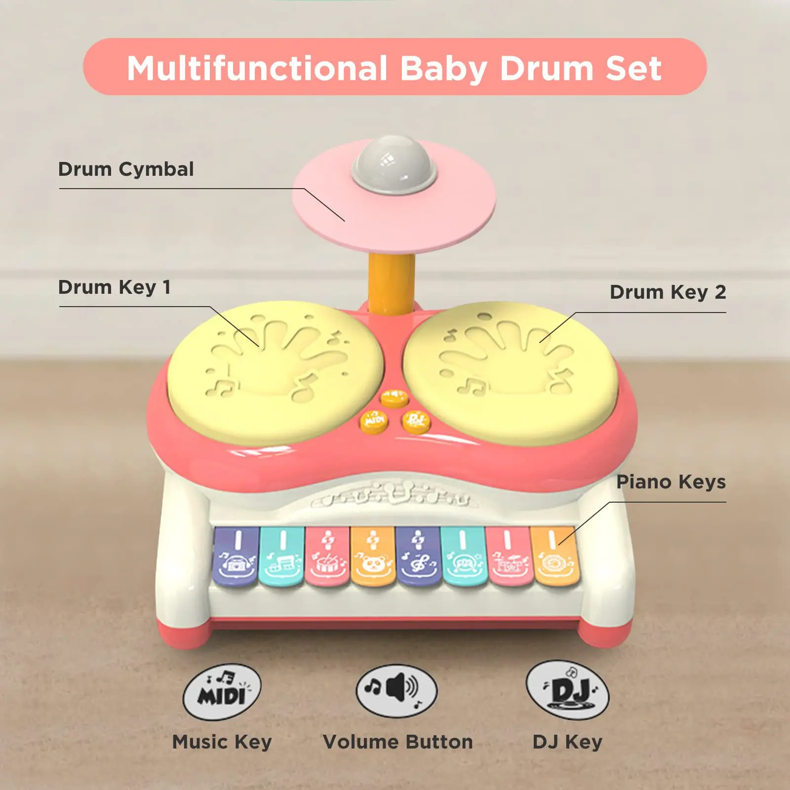 

ABS 3-in-1 Baby Musical Drum Toy, Light Up Tap Drum Piano Cymbal with Melodies, Toddler Early Music Toy, Birthday Xmas Gift