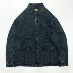 Workwear Denim Jacket Men's Japan Retro Multi Pockets European and American Autumn and Winter Couple Collar Loose Shirt Jacket
