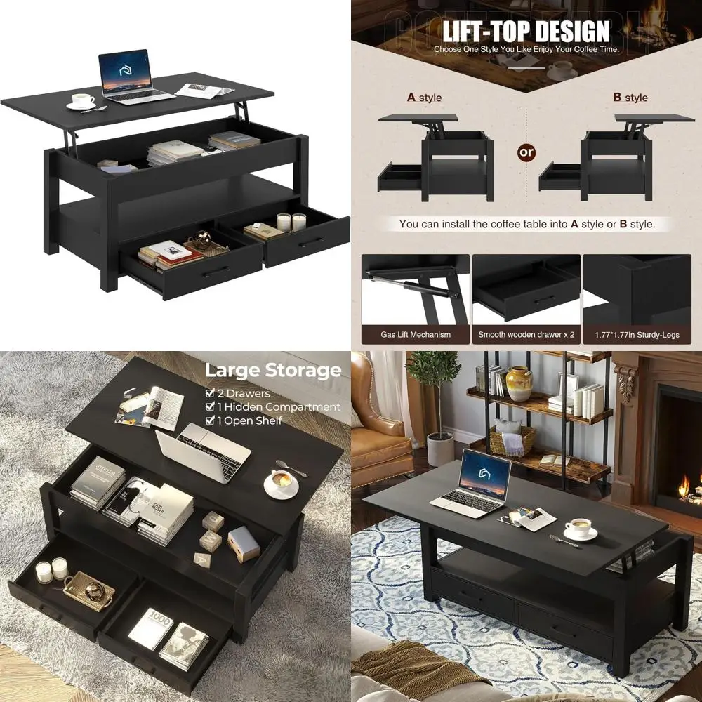 

Black Retro Lift-Top Coffee Table with Drawers and Hidden Storage for Living Room
