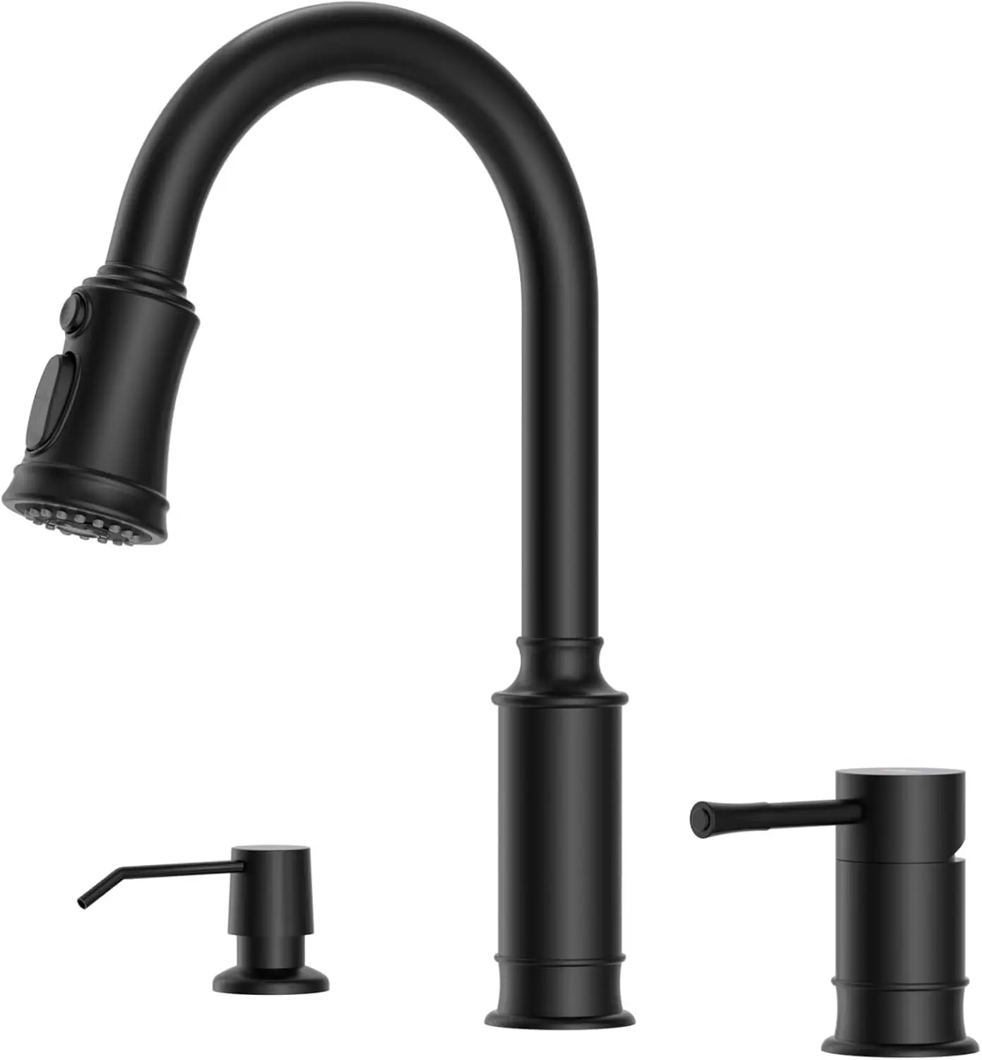 

Матовый черный кухонный смеситель с дозатором для мыла, 3 режима, высокий изогнутый выдвижной распылитель для прачечной и автодома