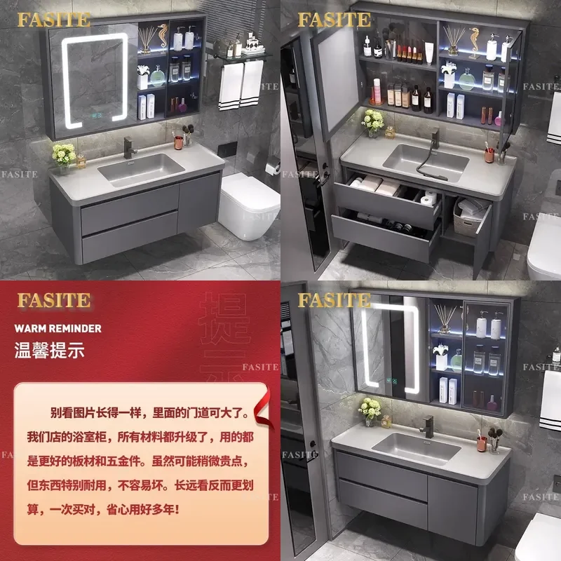 For Modern Bathroom Light Luxury Ceramic Integrated Washbasin Rock Slab Vanity Cabinet Simple Wall Mounted Sink Combo Storage
