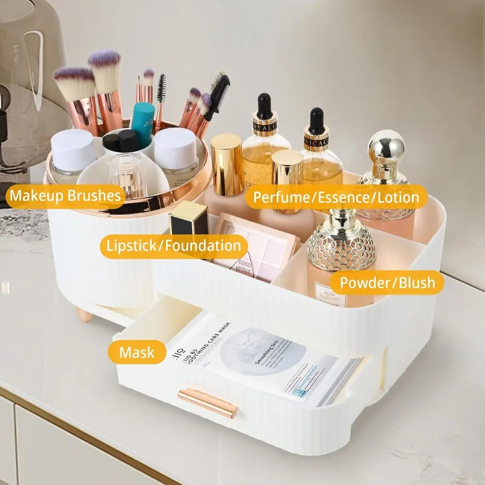 Makeup Organizer Countertop with 360 Rotating Brush Holder Storage Large Vanity Skincare Cosmetic Display Cases Bathroom Desktop
