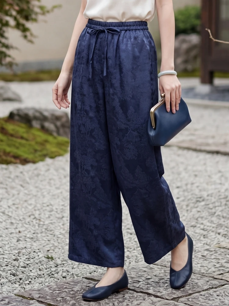 Birdtree, 100% Real Silk Drawstring Pants, Women's Retro Xiangyunsha Straight Trousers, Elastic Waist, 2026 Summer New T65514JF
