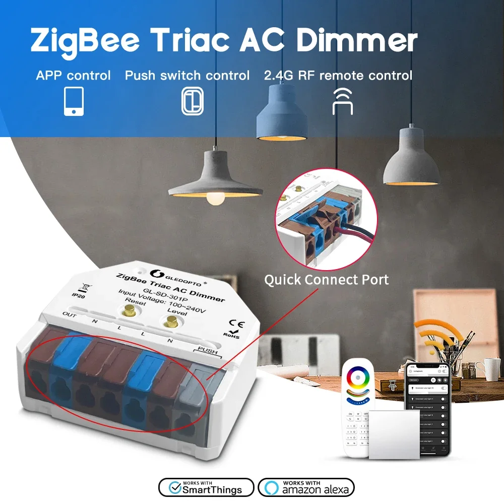 GL-SD-301P GLEDOPTO ZigBee3.0+2.4G RF Rotary Dimmer Ultra Mini Triac AC Dimmer AC100-240V Push Switch /App Voice Remote Control