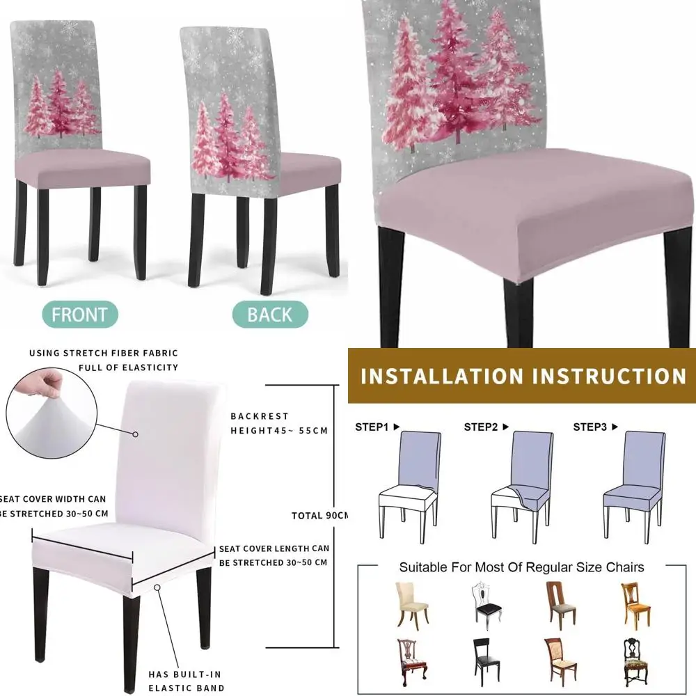 

Gray and Pink Snowflake Parsons Chair Covers - Stretchable Dining Room Set of 4 for Winter and Christmas