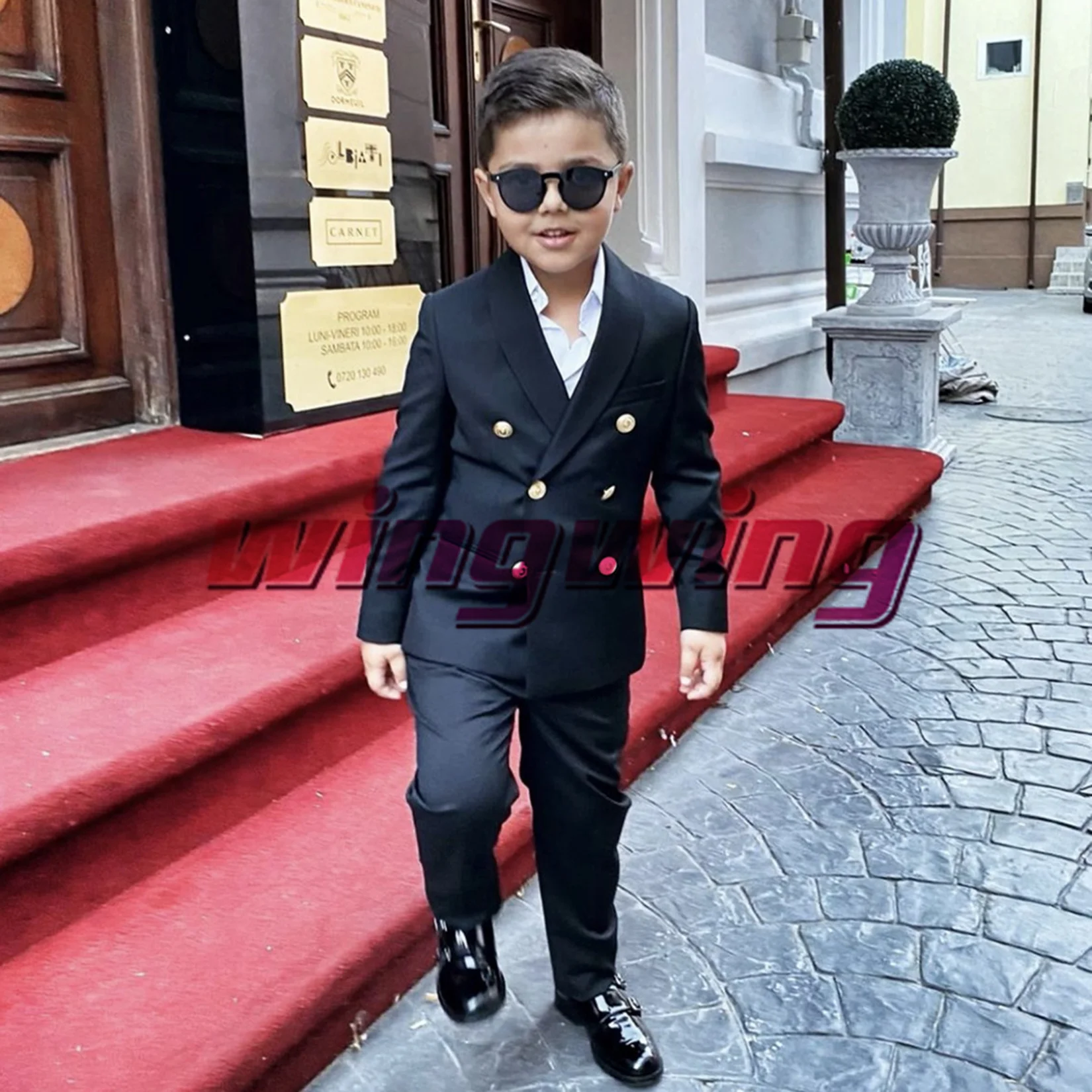 Boys Wedding Suit Jacket Pants Set of 2 Double Breasted Kids Clothes Fashion Gold Buttons 2-16 Years Blazer