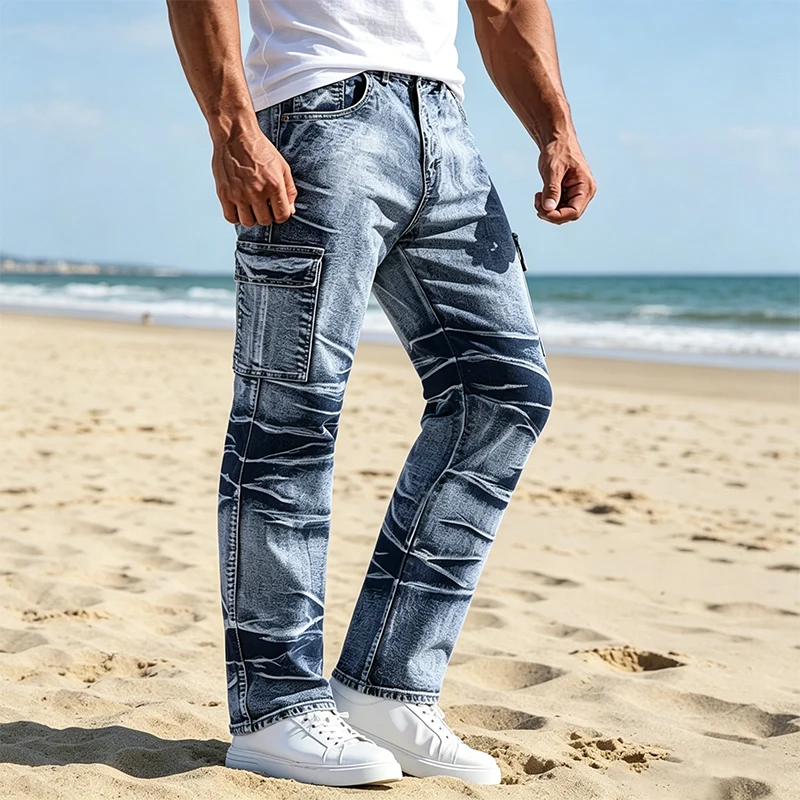 

Men's Jeans Classic American Style Casual Multi Pocket Straight Leg Denim Man Pants All Season Fits