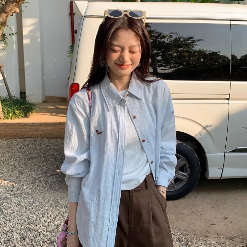 Deeptown Cartoon Embroidered Women's Shirts Basic Long Sleeve Korean Fashion Blouses Loose Solid Color Casual Aesthetic New