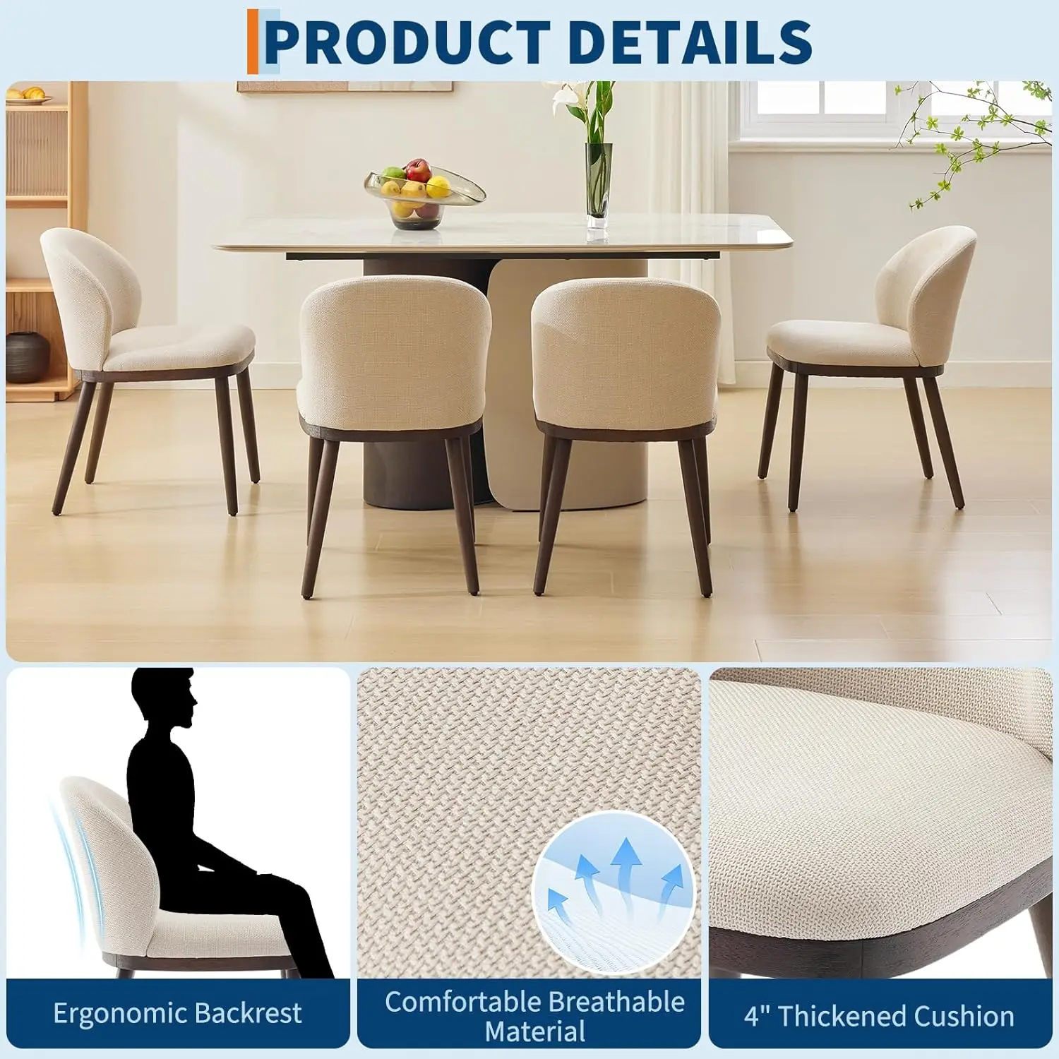 Dining Chairs Set of 2 Modern Upholstered Kitchen Dining Chairs with Ergonomic Back Support Wood Legs for Dining Room, Restauran view 4