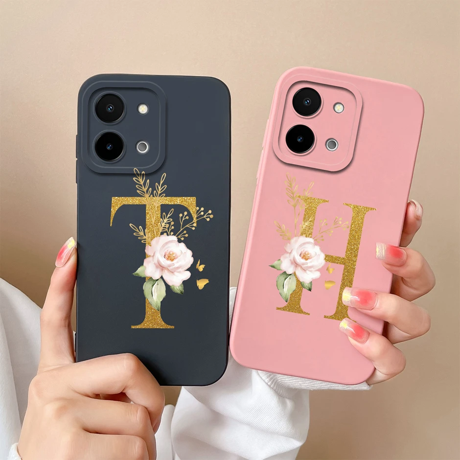 Case For Vivo Y28 4G 5G Art Flower 26 Letters Liquid Silicone TPU Back Cover For VivoY28 4G 5G Advanced Sense Couple Funda Shell