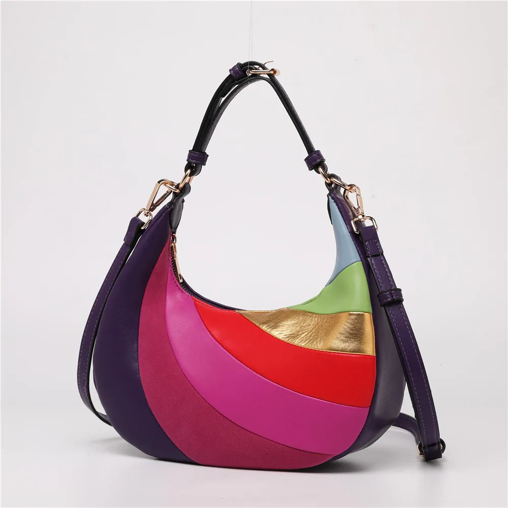 2024 Women's Shoulder Crossbody Bags Retro Fashion Handbag Texture Litchi Pattern Crescent Rainbow Simple Underarm Patchwork