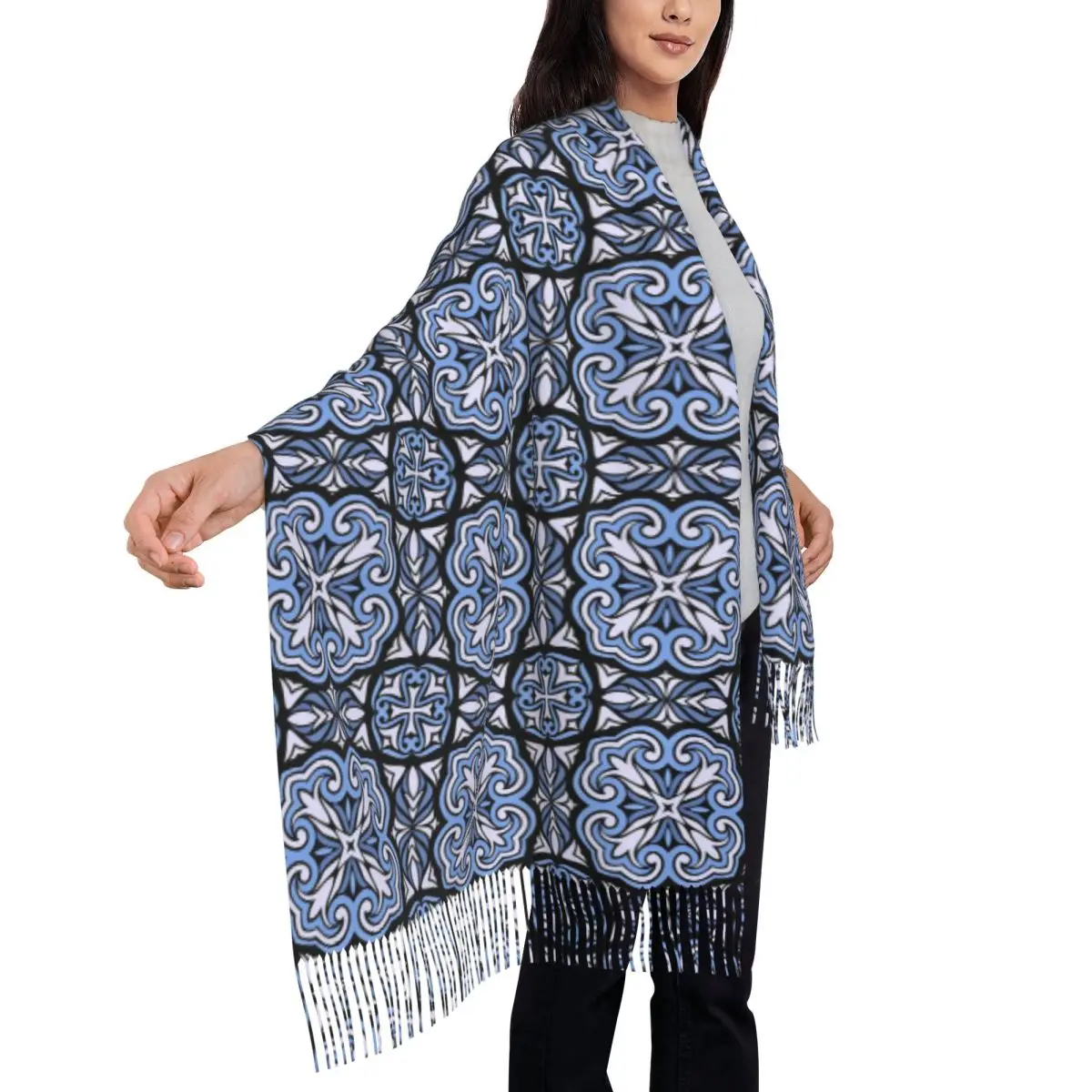 Art Deco Tile Texture Scarf Wrap Women Long Winter Warm Tassel Shawl Unisex Scarves