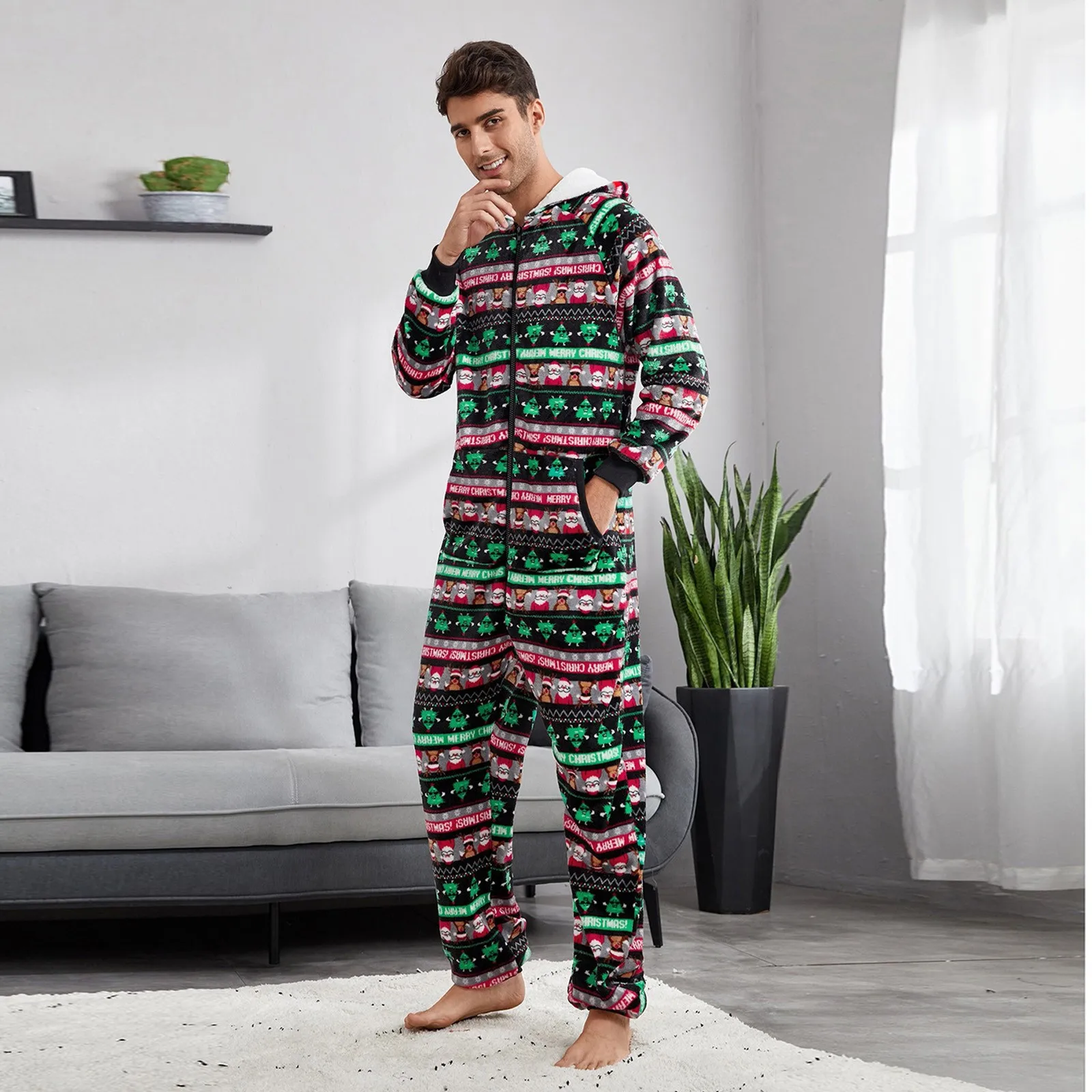 Christmas Onesie Men Jumpsuit Sleeping Clothes Zipped Up Men One Piece Hooded Jumpsuit Fleece Winter Warm Adult Onesie Sleepwear