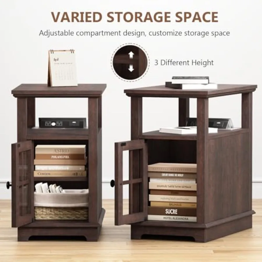 rrow End Table with Flip Top Charging Statiodjustable Shelf TypeC USB Port Power Outlets Side Table with Storage for Living Roo