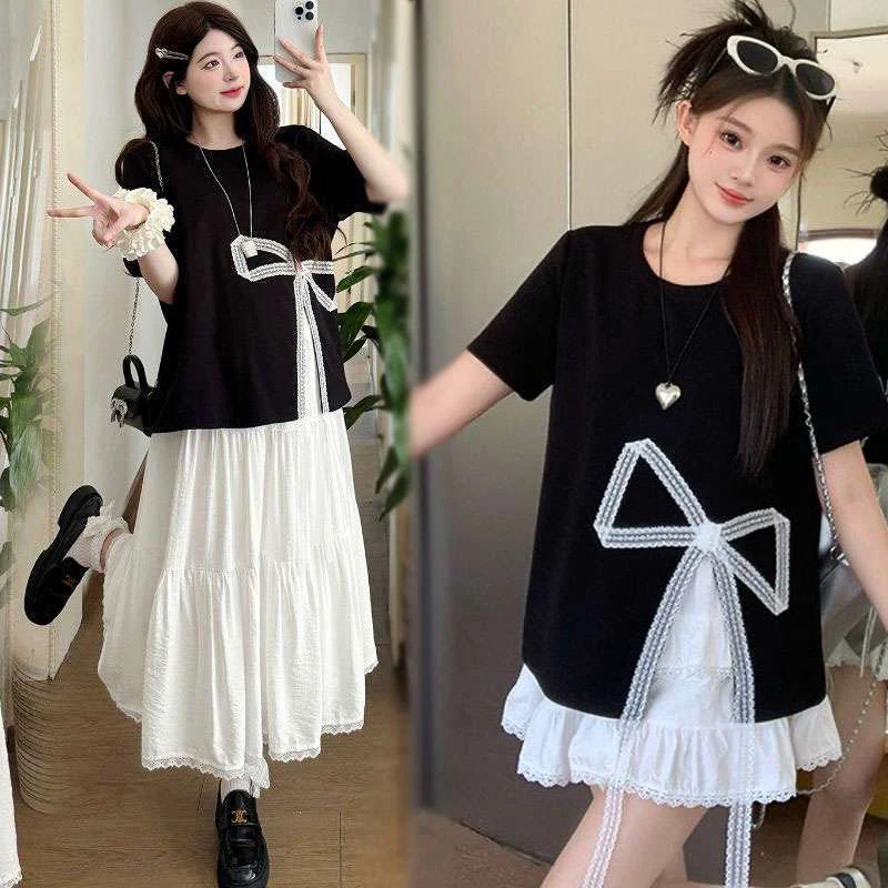 Unique Beautiful Summer Fashion Set Large Size Loose Slimming Two Piece Skirt Set Handmade Sewing Breathable Polyester