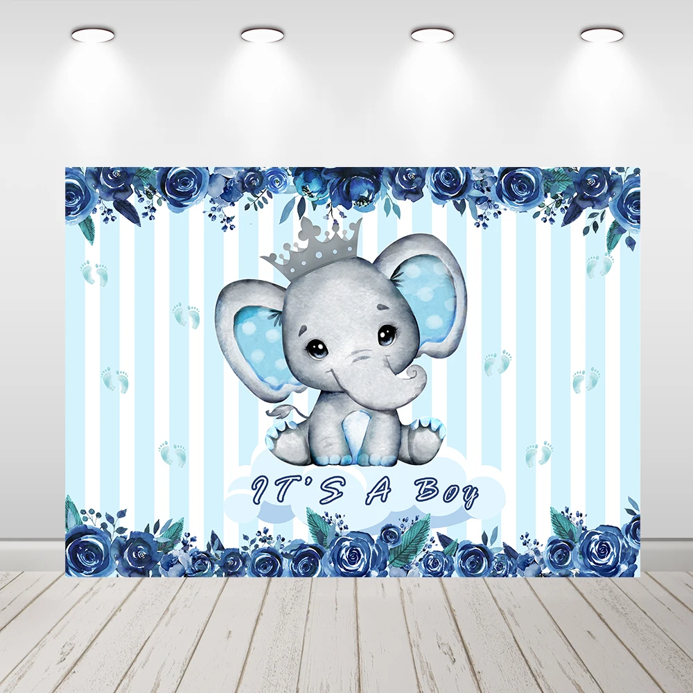 

Blue Floral Elephant Baby Shower Backdrop for Photo Studio It's a Boy 1st Birthday Party Supplies Decor Background Photography