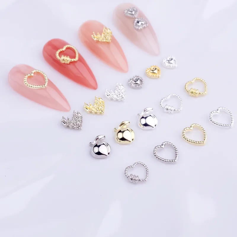 10PCS/Lot Hollow Heart Design Nail Charms Parts Gold Silver Flatback Nail Strass Gems For Fingernail Decoration Nail Art Jewelry