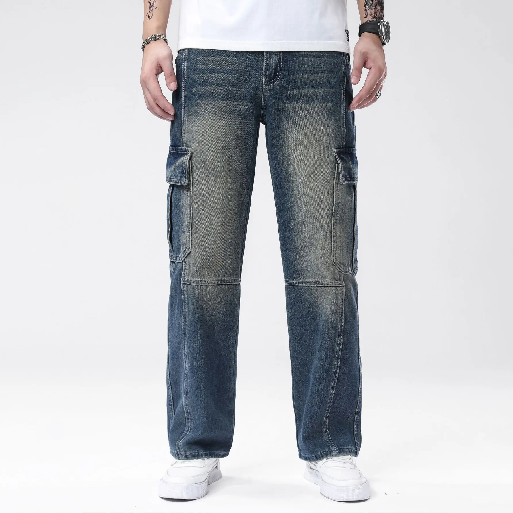 Men's jeans non elastic casual versatile deep blue multi craft design trendy straight tube workwear pants