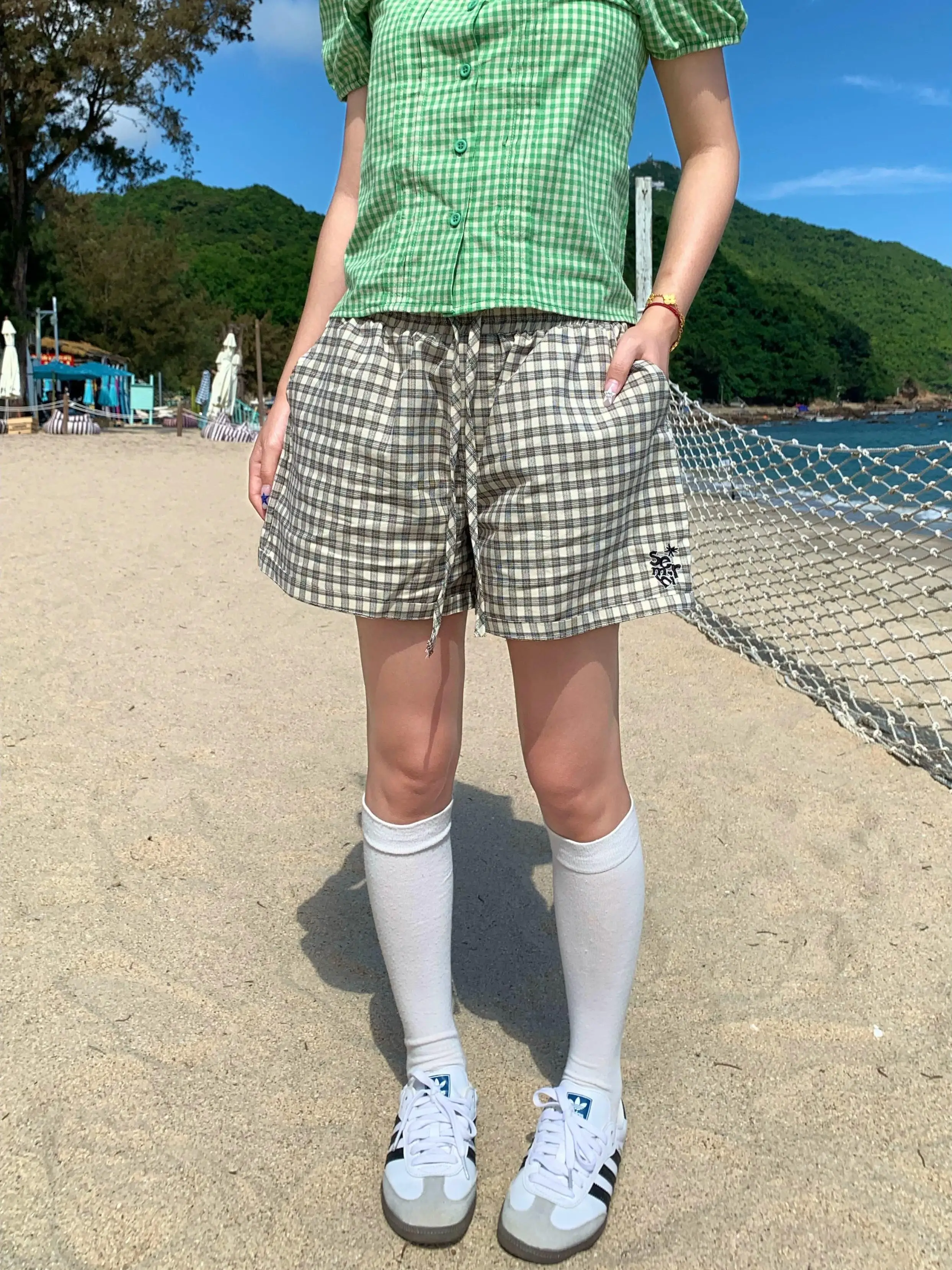 American Style Retro Plaid Drawstring Three-quarter Length Pants Women's Summer New Trend Loose Slimming Casual Straight Leg ...